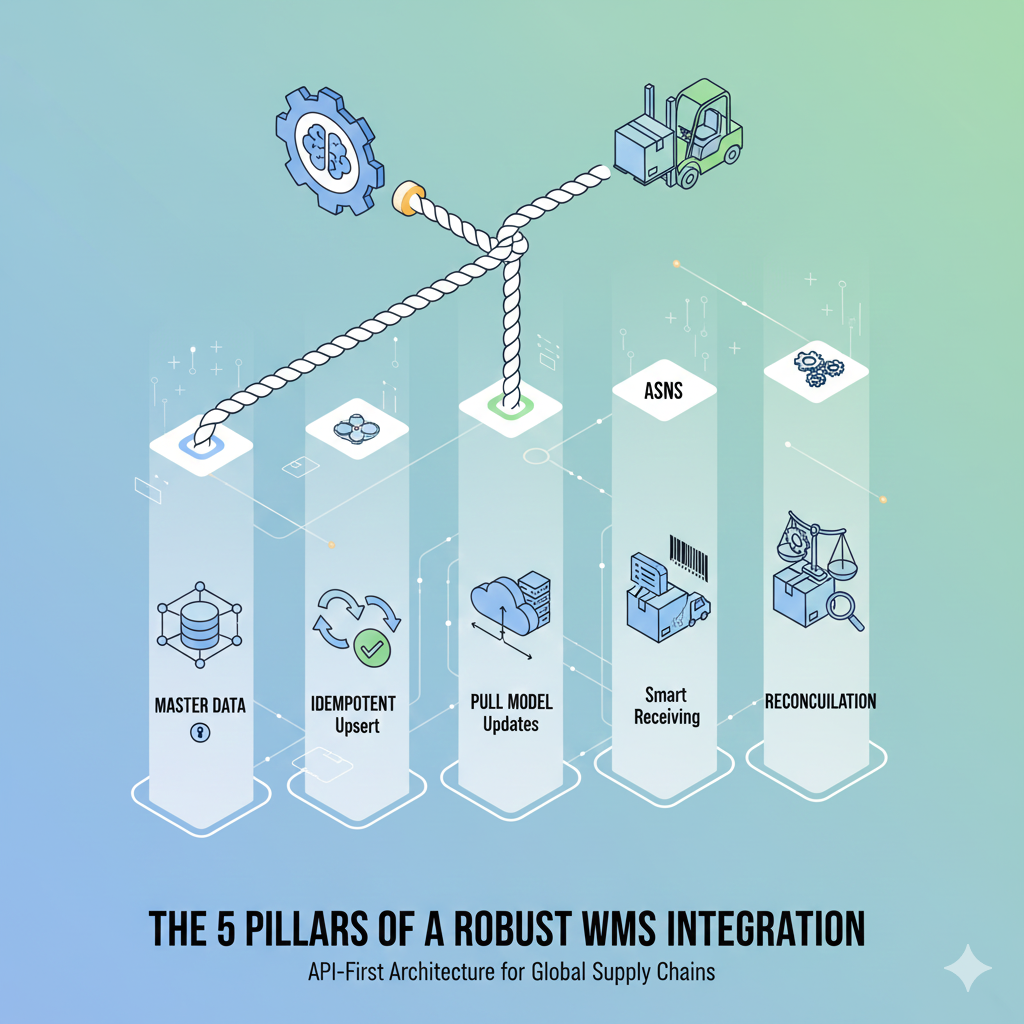 Visual representation of the 5 pillars of robust WMS-ERP integration architecture