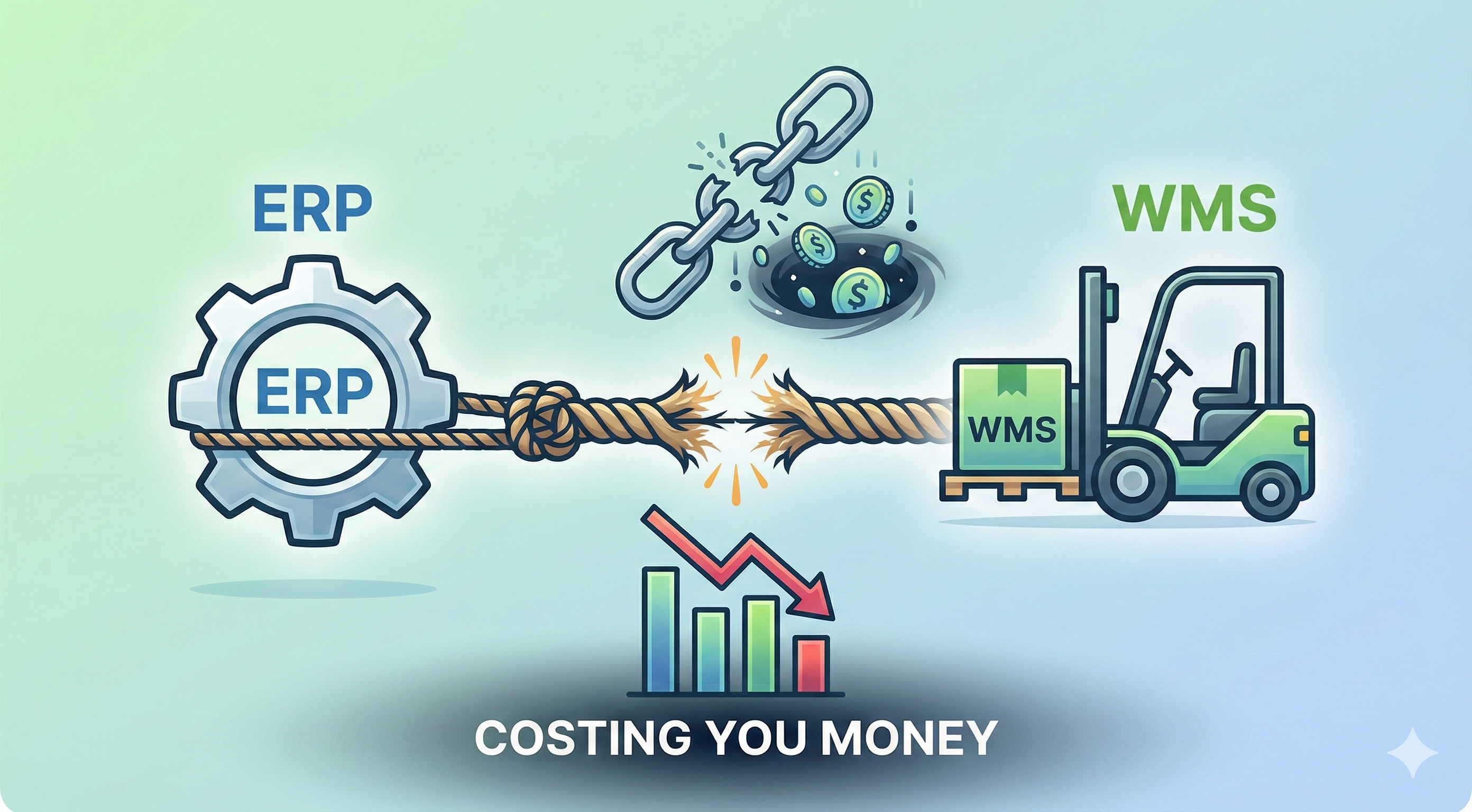 Visual showing ERP and WMS systems connected by a frayed rope with money leaking out, illustrating integration problems costing businesses money