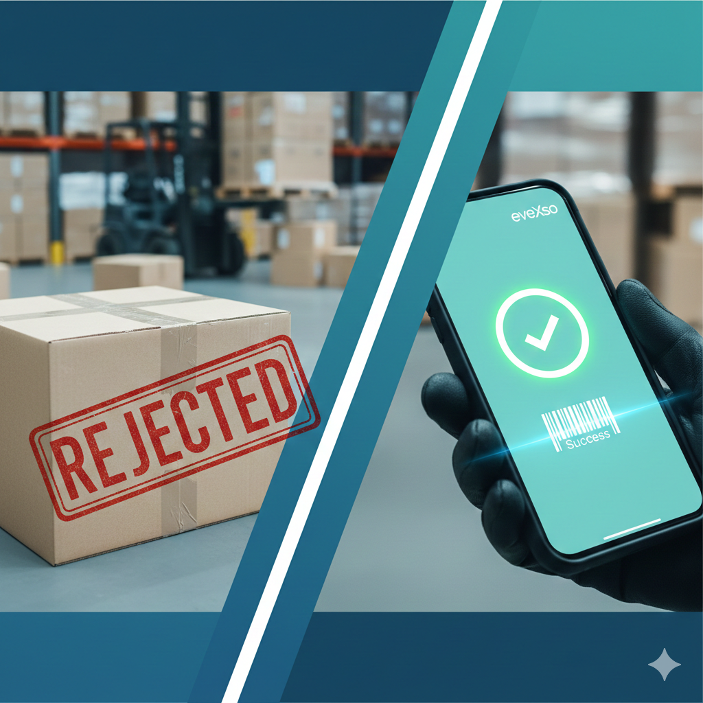 Split-screen showing chaotic warehouse with rejected box versus sharp focus on smartphone with green success checkmark and barcode scan