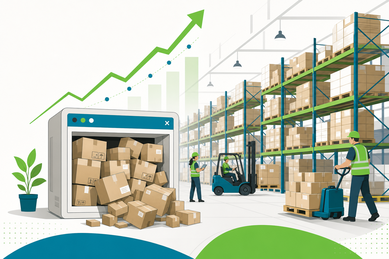A busy modern warehouse outgrowing a small legacy software window overflowing with boxes, with an upward growth arrow signalling business expansion